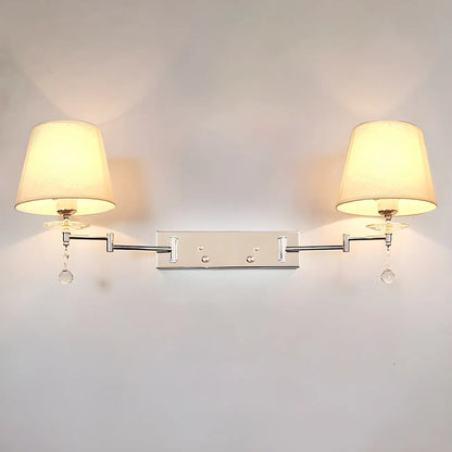 2-Light Silver Swing Arm Fabric Shade Wall Light