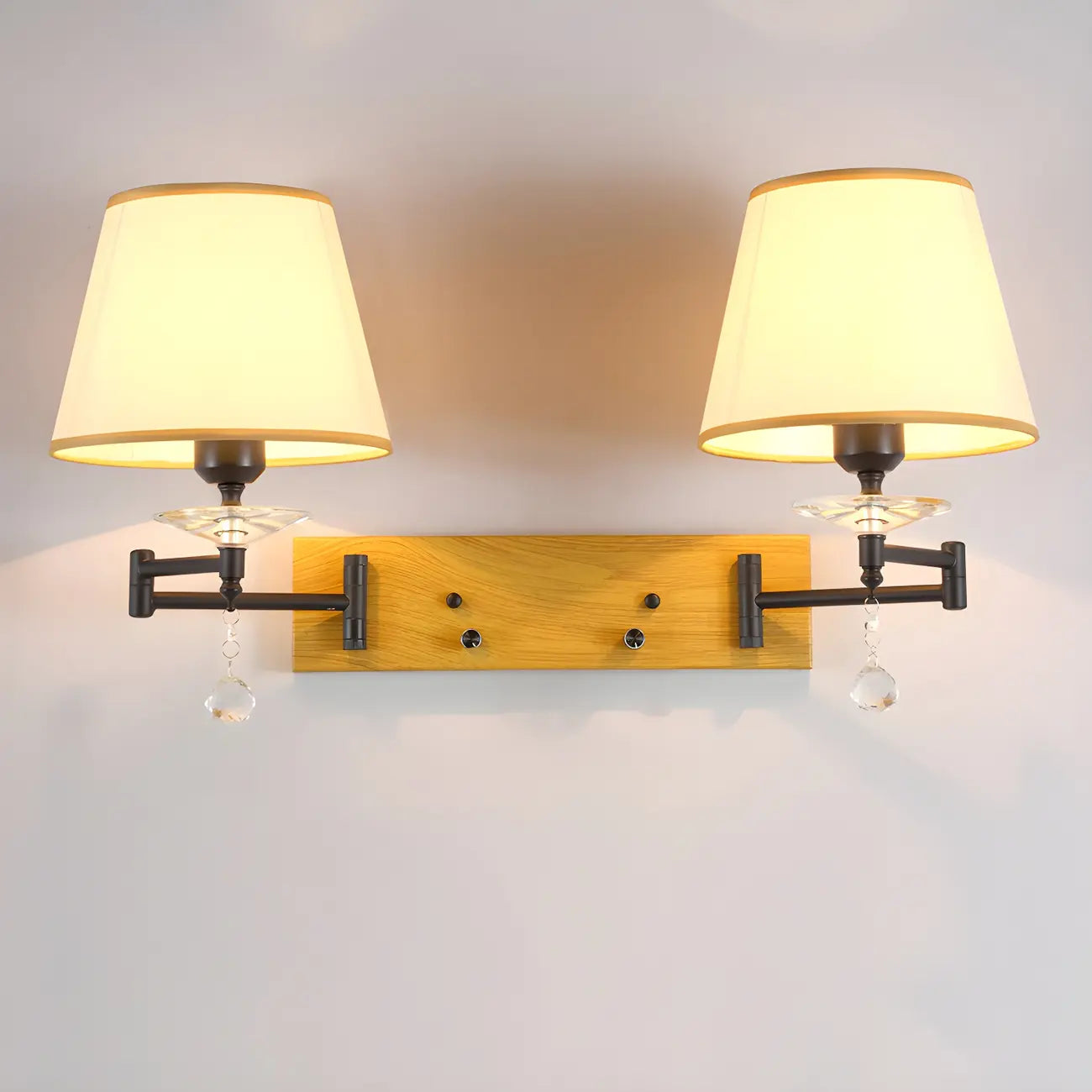 2-Light Silver Swing Arm Fabric Shade Wall Light