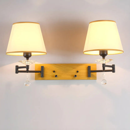 2-Light Silver Swing Arm Fabric Shade Wall Light