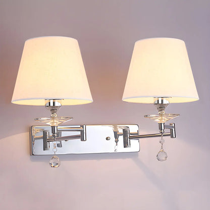 2-Light Silver Swing Arm Fabric Shade Wall Light