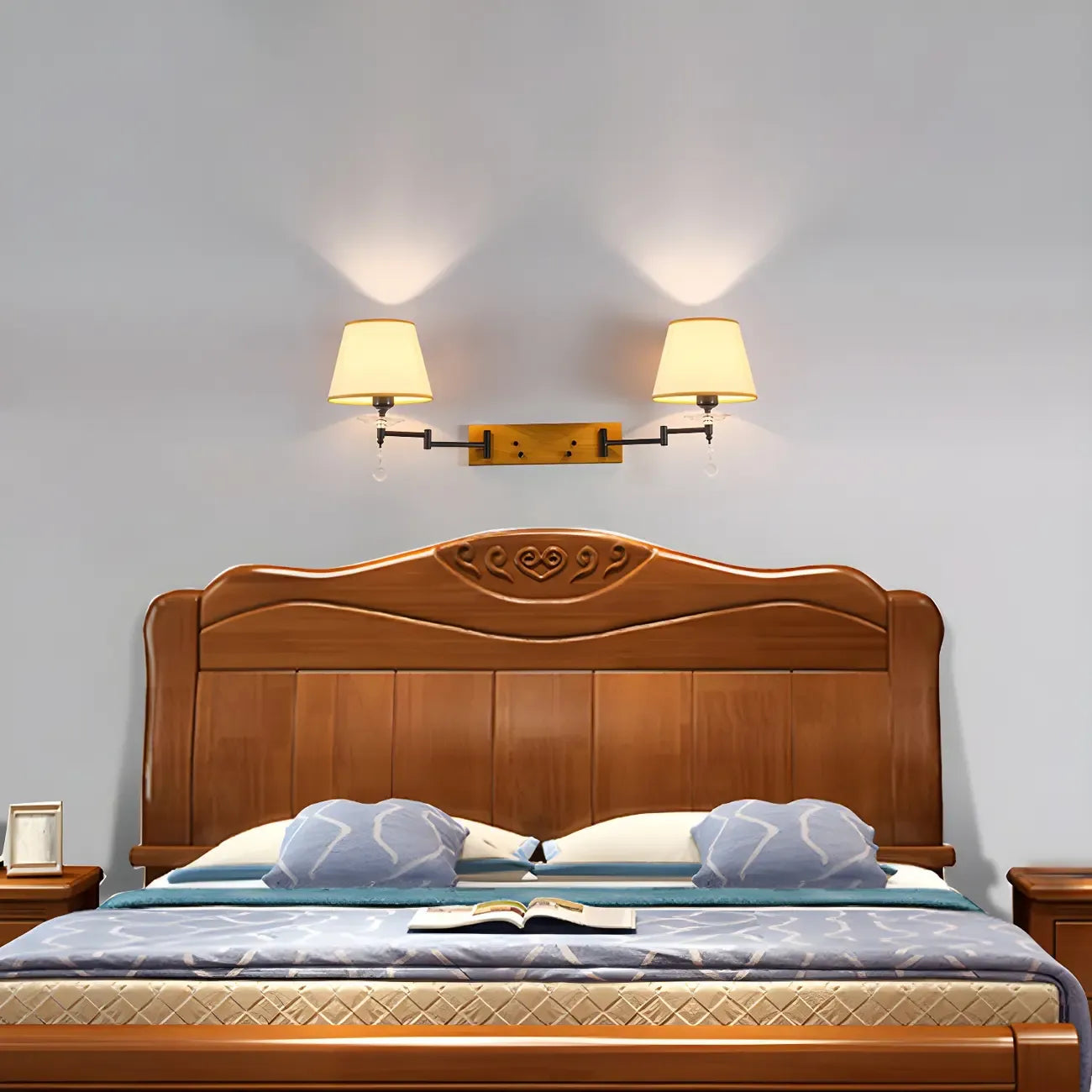 2-Light Silver Swing Arm Fabric Shade Wall Light