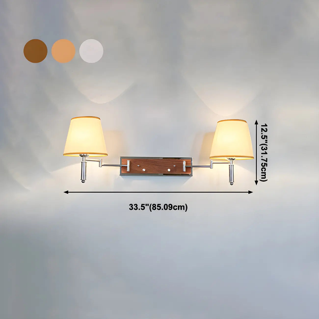2-Light Silver Swing Arm Fabric Shade Wall Light