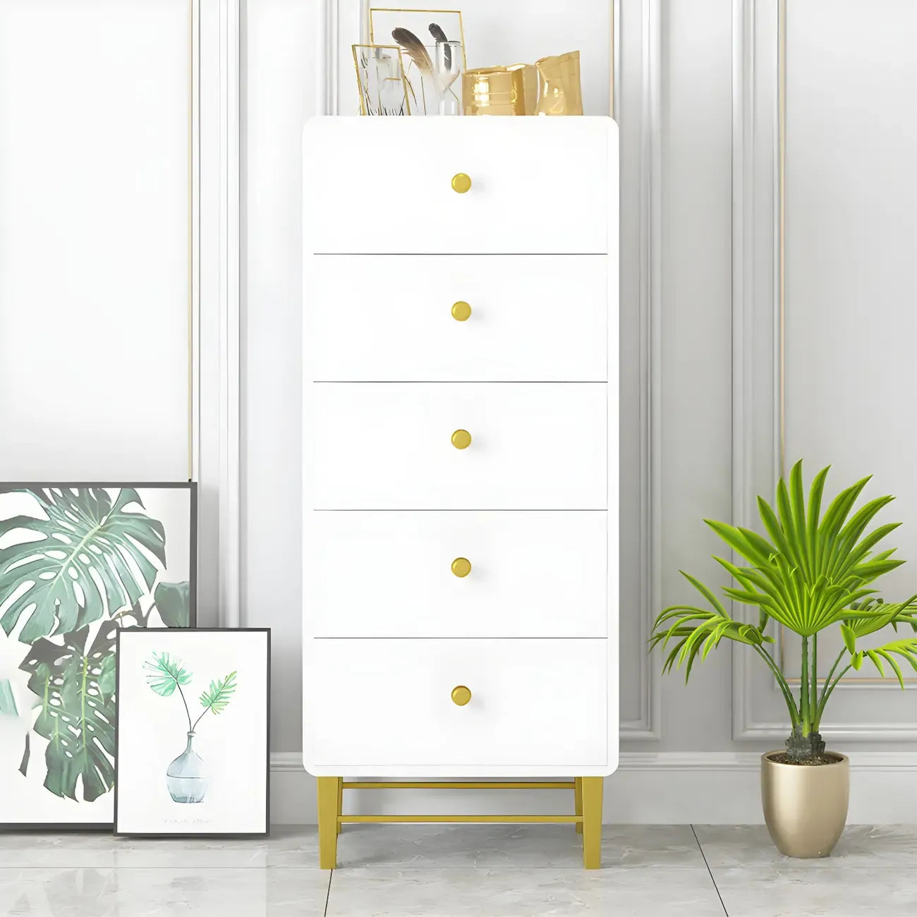 Glam White Narrow Gold Legs Bachelor Chest