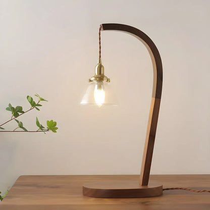 Retro Brown Gold Glass Wood Base Arched Table Lamp