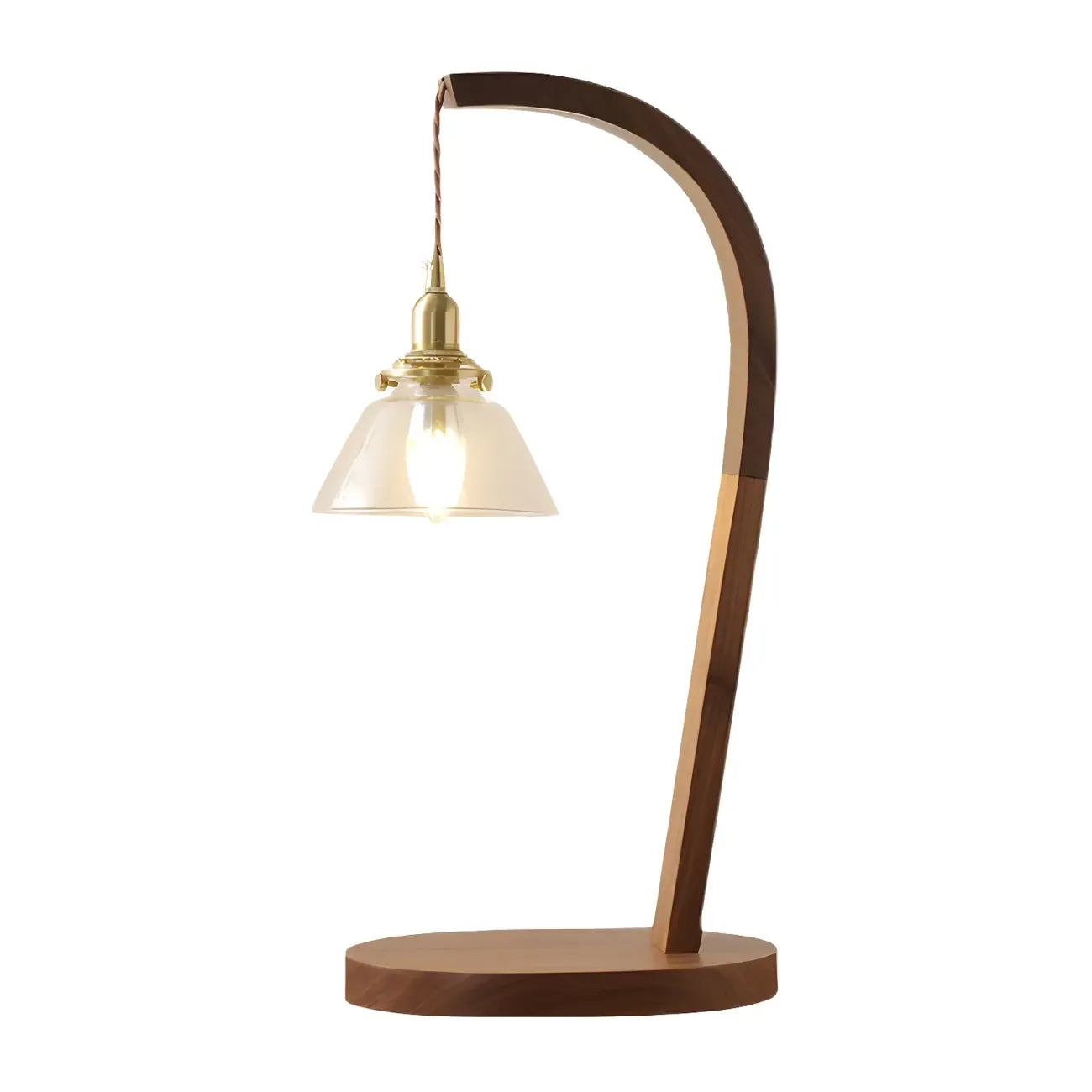 Retro Brown Gold Glass Wood Base Arched Table Lamp