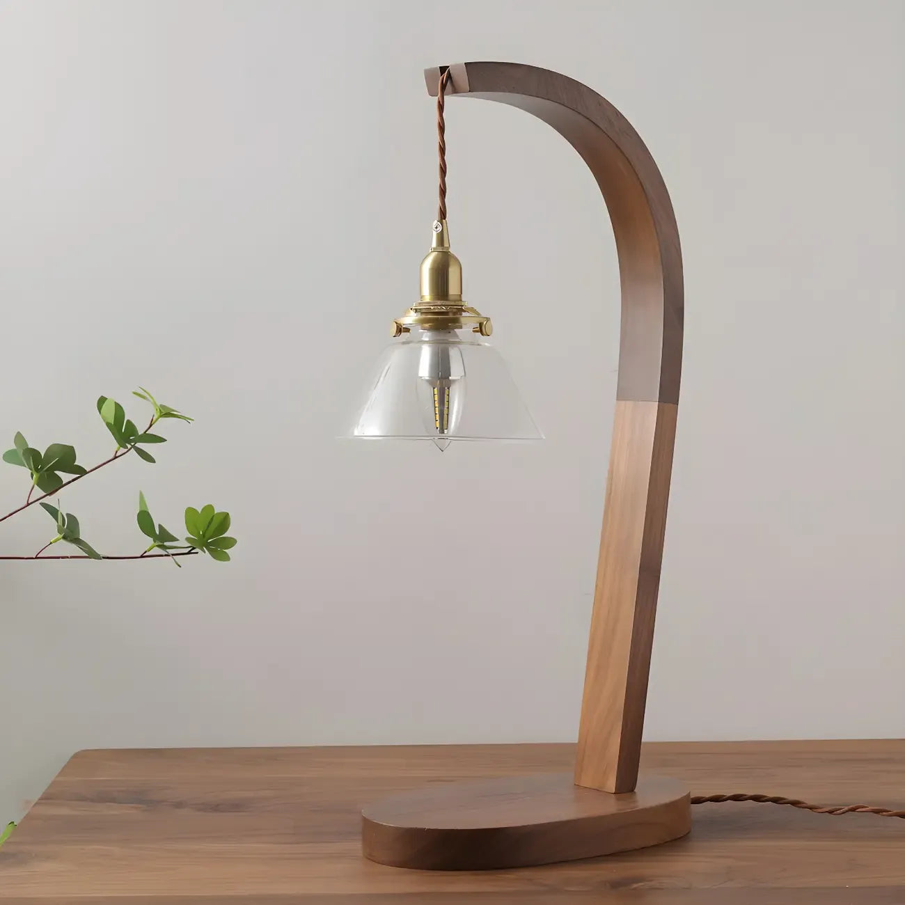 Retro Brown Gold Glass Wood Base Arched Table Lamp