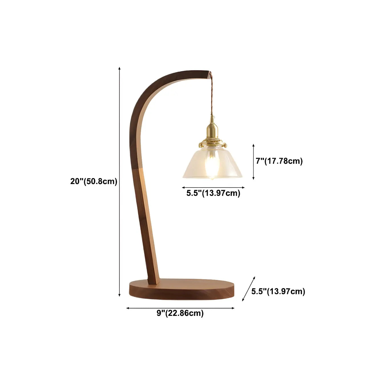 Retro Brown Gold Glass Wood Base Arched Table Lamp