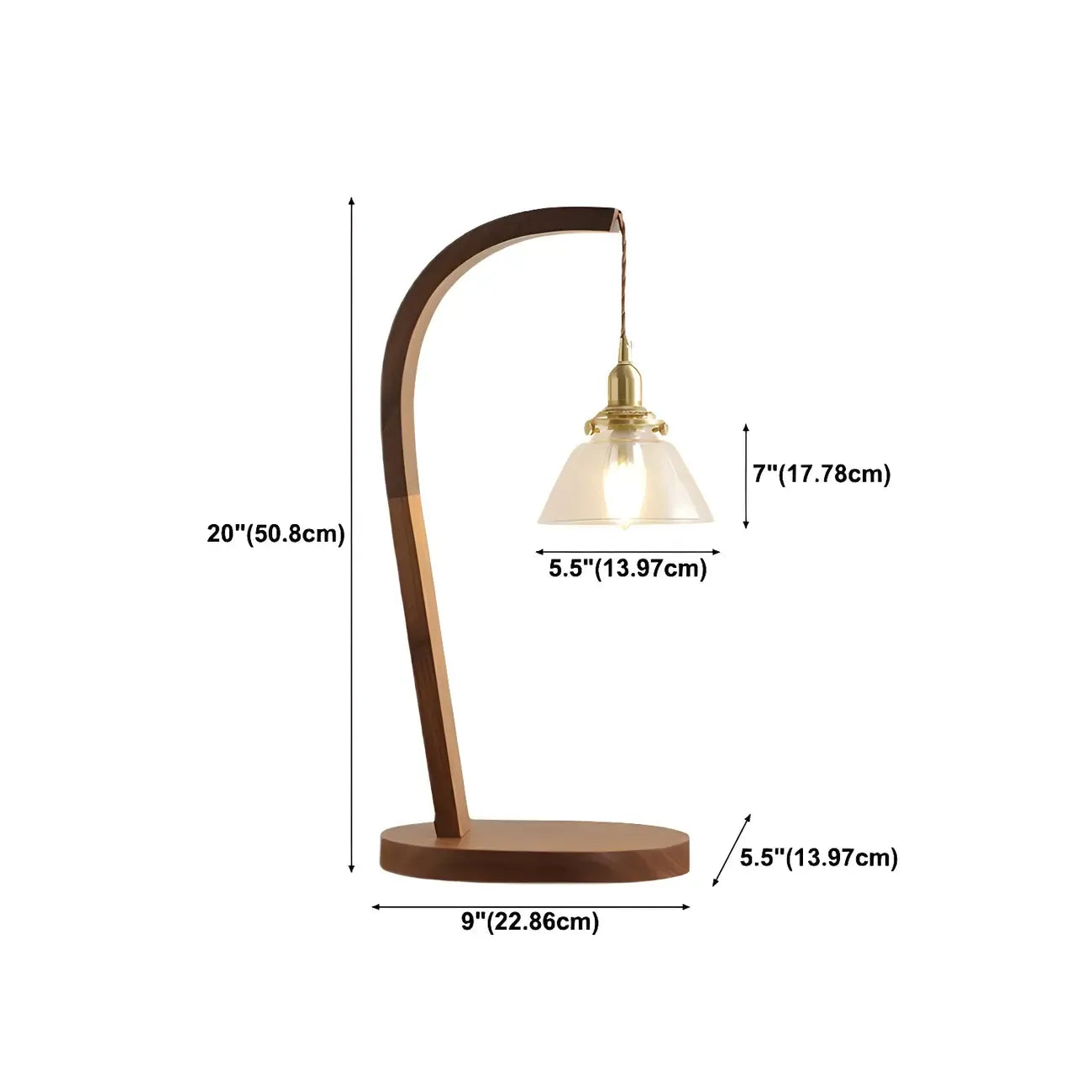 Retro Brown Gold Glass Wood Base Arched Table Lamp