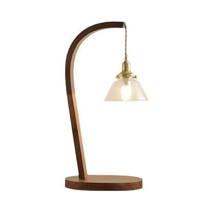 Retro Brown Gold Glass Wood Base Arched Table Lamp