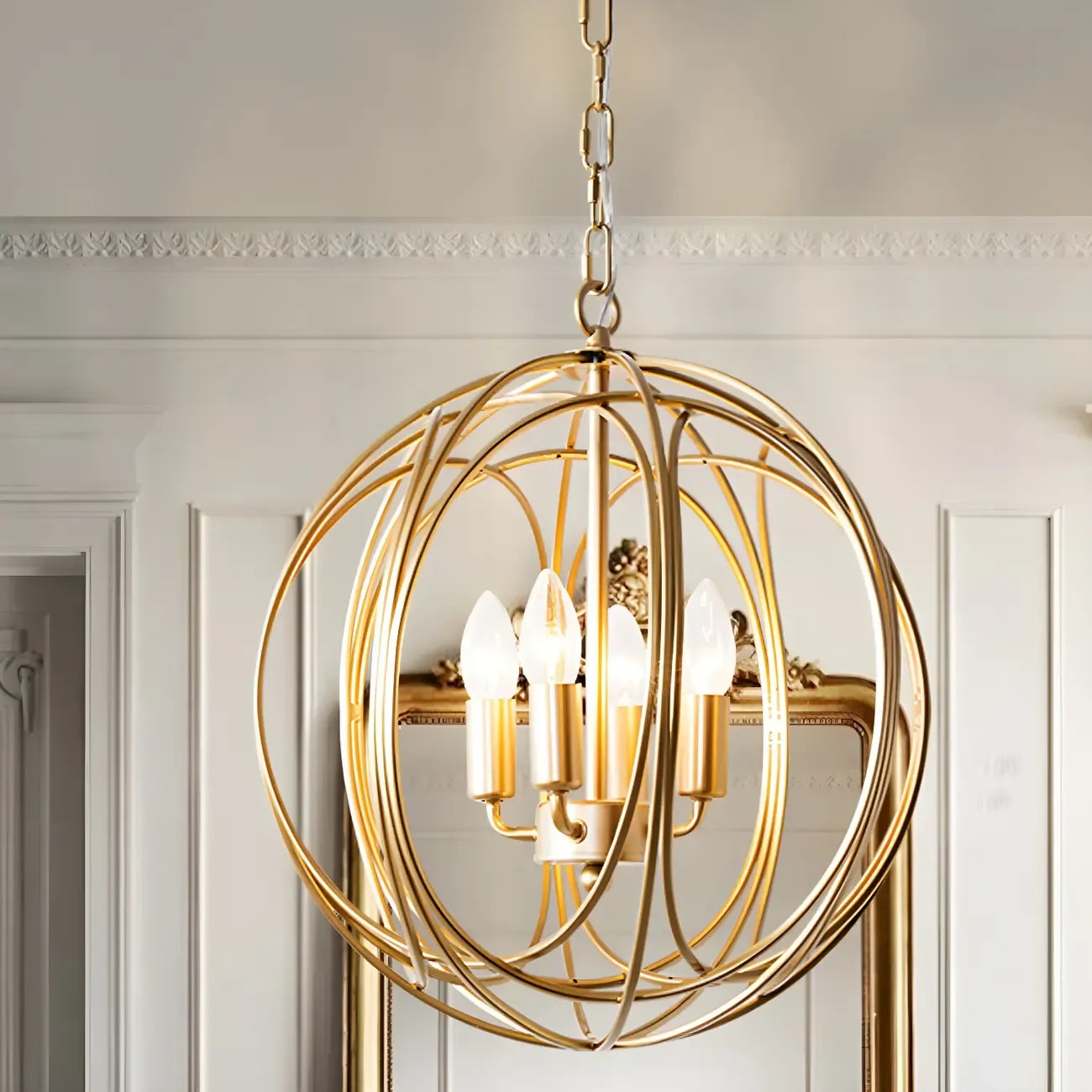Gold Spherical Metal Cage Candle Chandelier