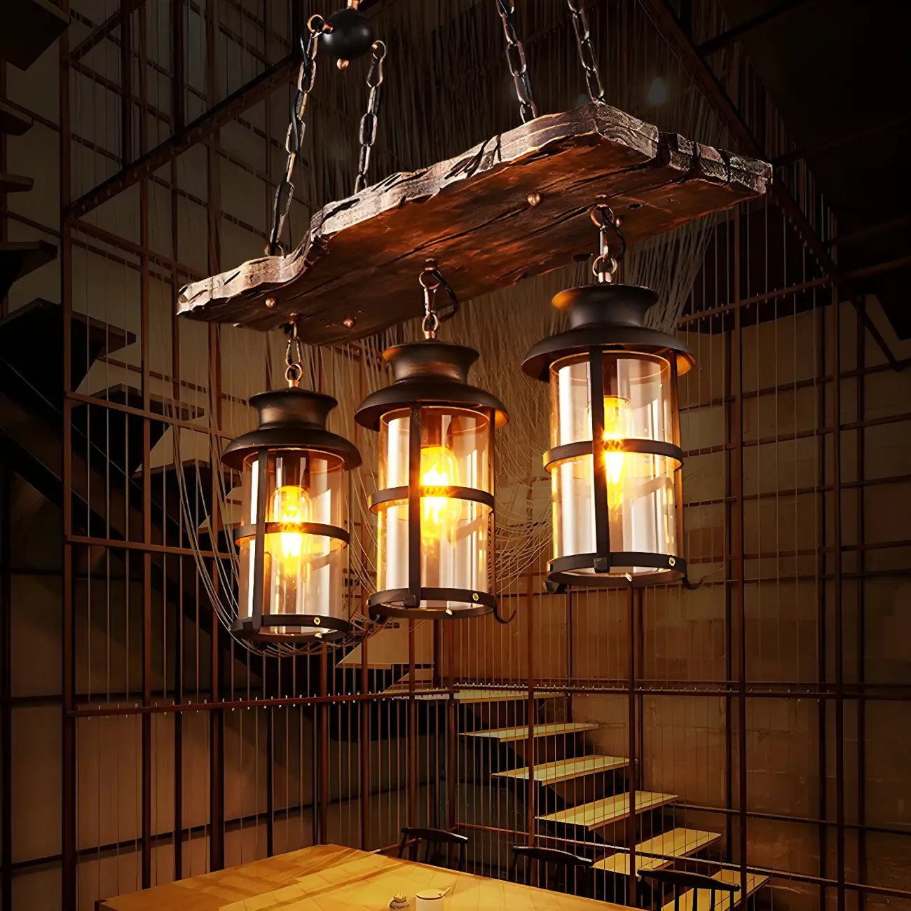 Rustic Industrial Large Wood Island Chandelier