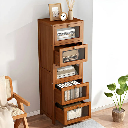 Narrow Wooden Multi-Drawer Corner Display Cabinet