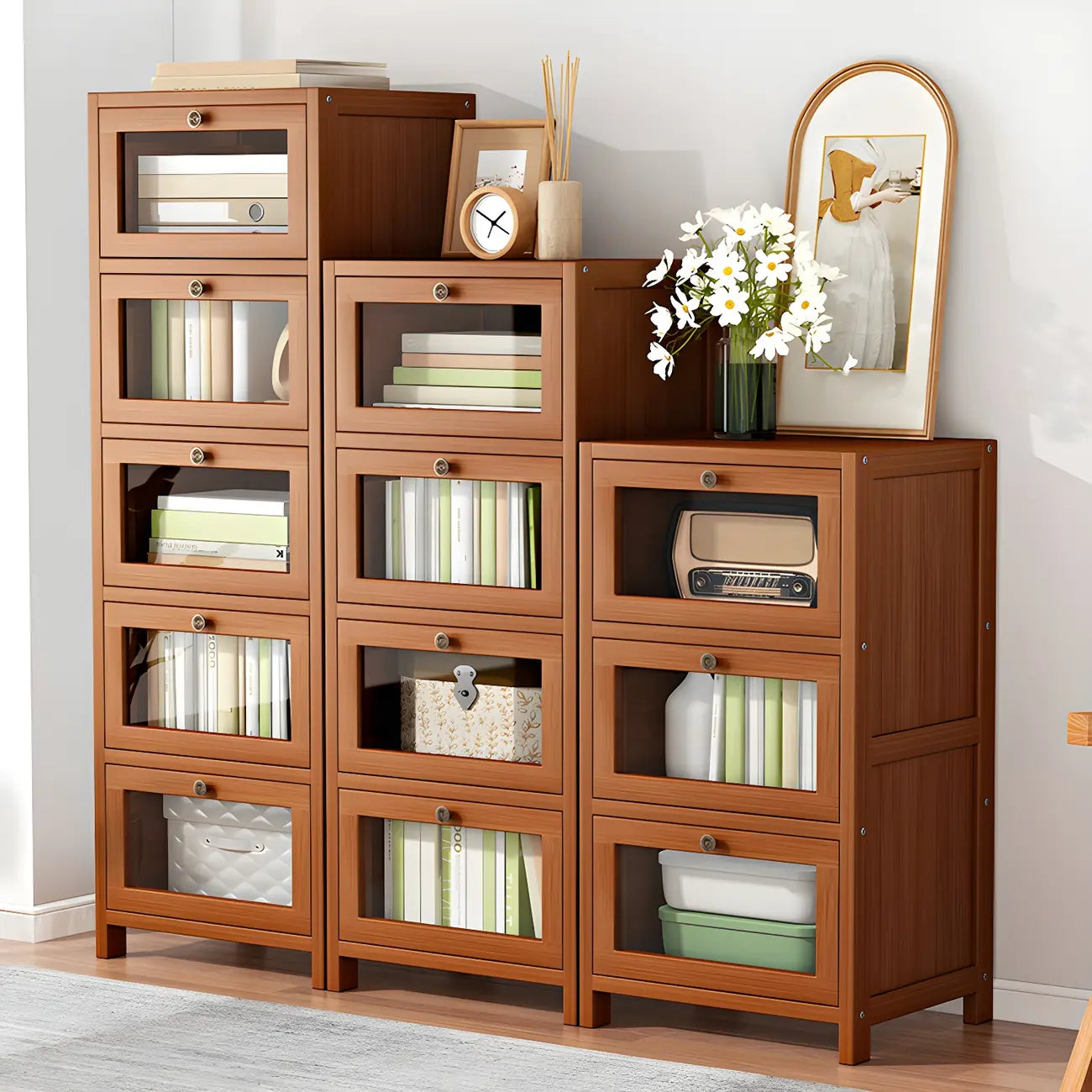 Narrow Wooden Multi-Drawer Corner Display Cabinet