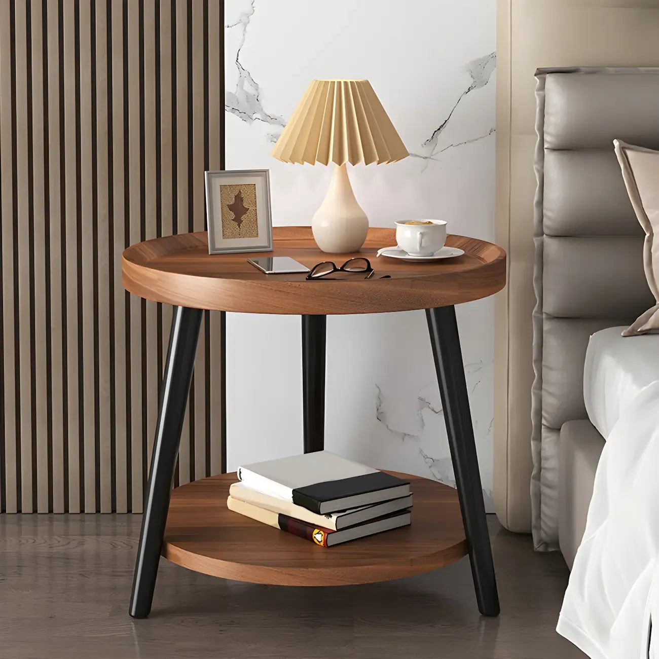 Modern Round Walnut Finish Open Storage Nightstand