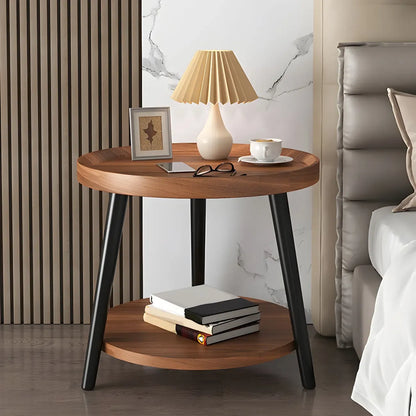 Modern Round Walnut Finish Open Storage Nightstand