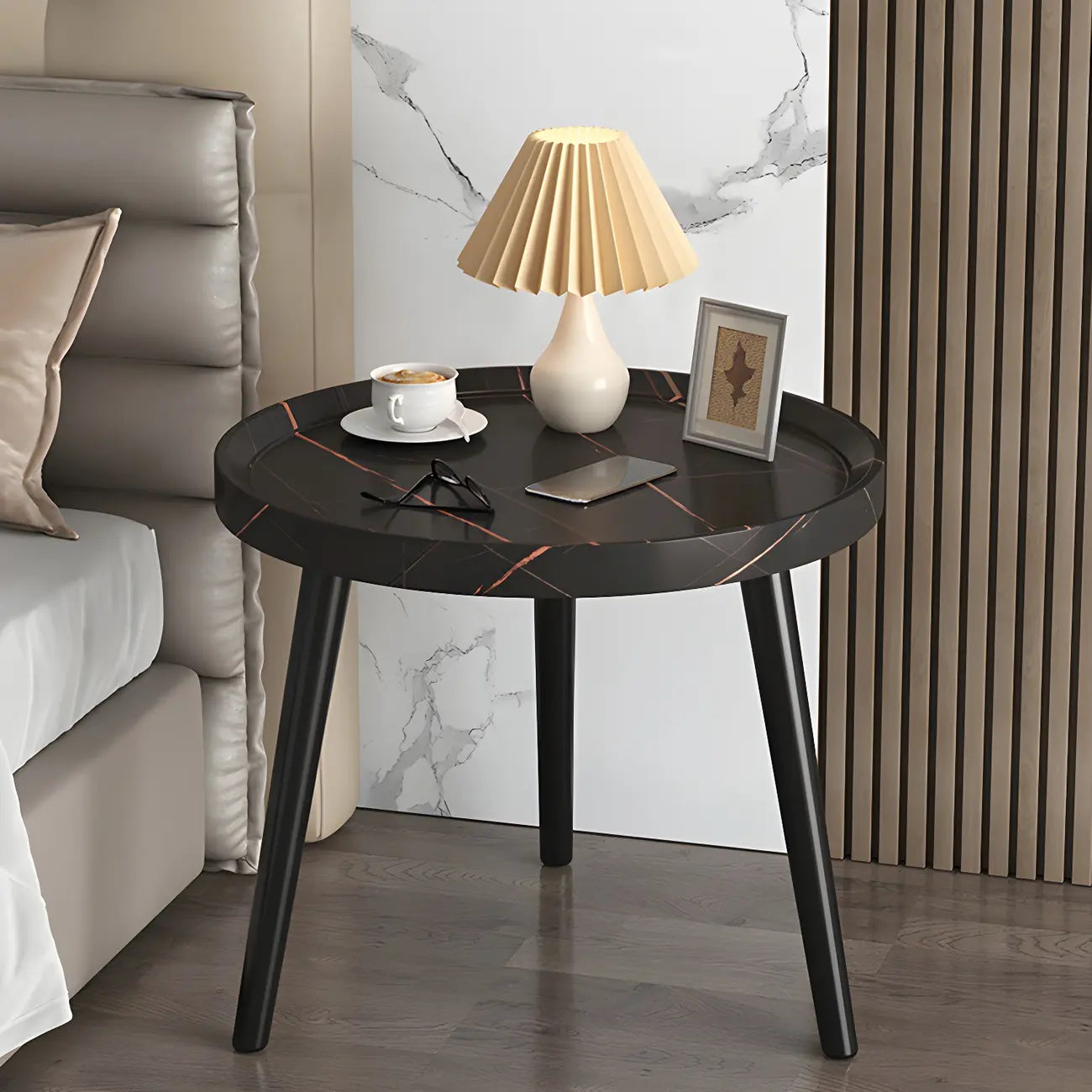 Modern Round Walnut Finish Open Storage Nightstand