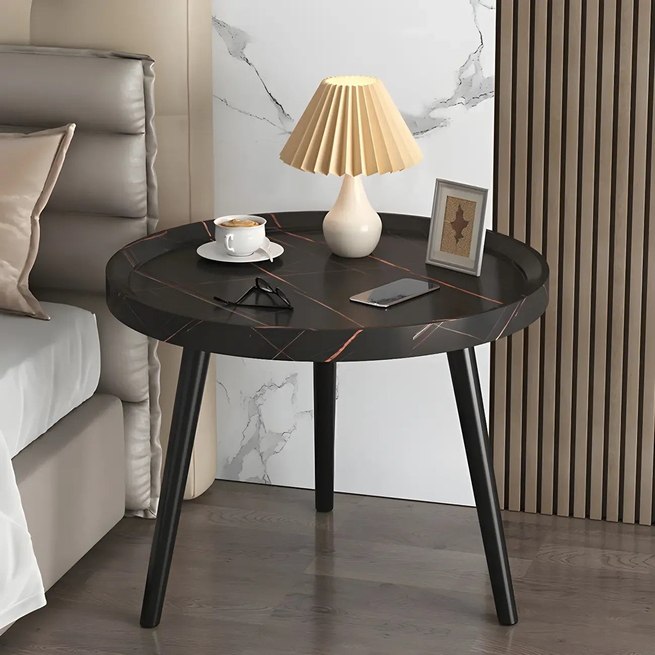 Modern Round Walnut Finish Open Storage Nightstand