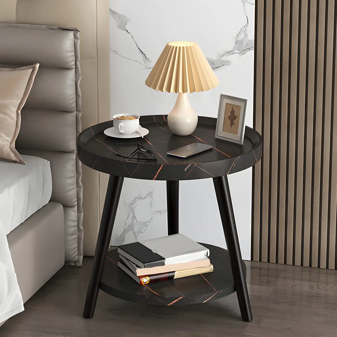 Modern Round Walnut Finish Open Storage Nightstand