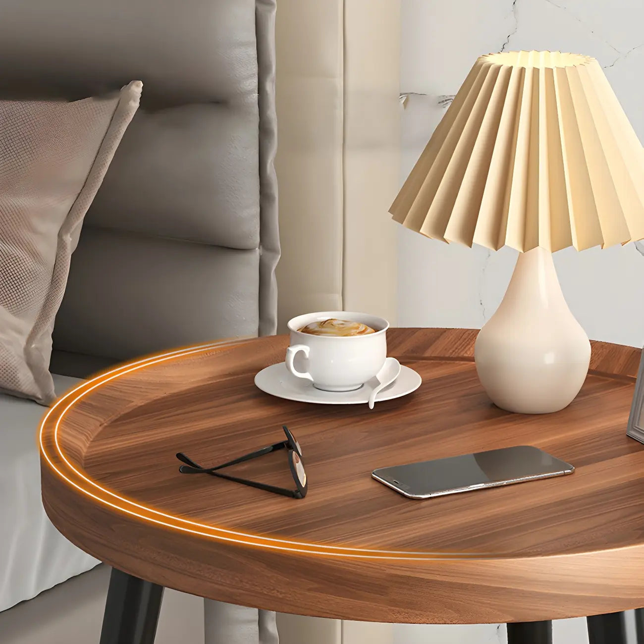 Modern Round Walnut Finish Open Storage Nightstand
