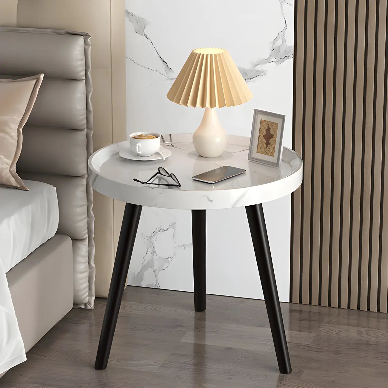 Modern Round Walnut Finish Open Storage Nightstand