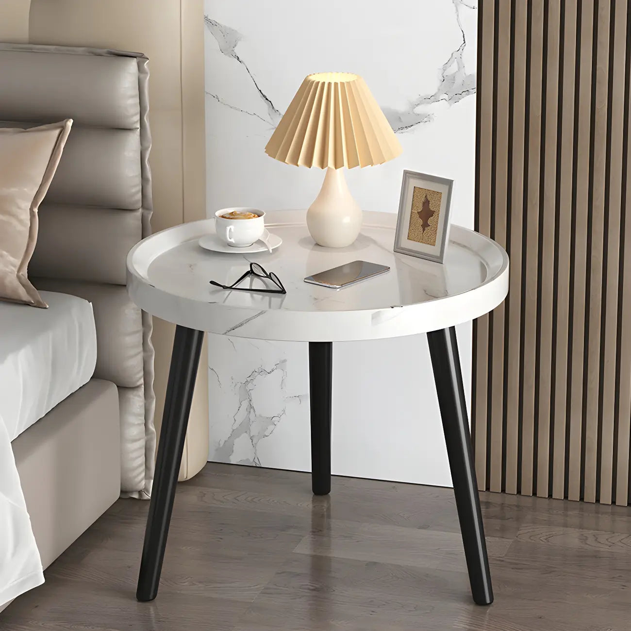 Modern Round Walnut Finish Open Storage Nightstand