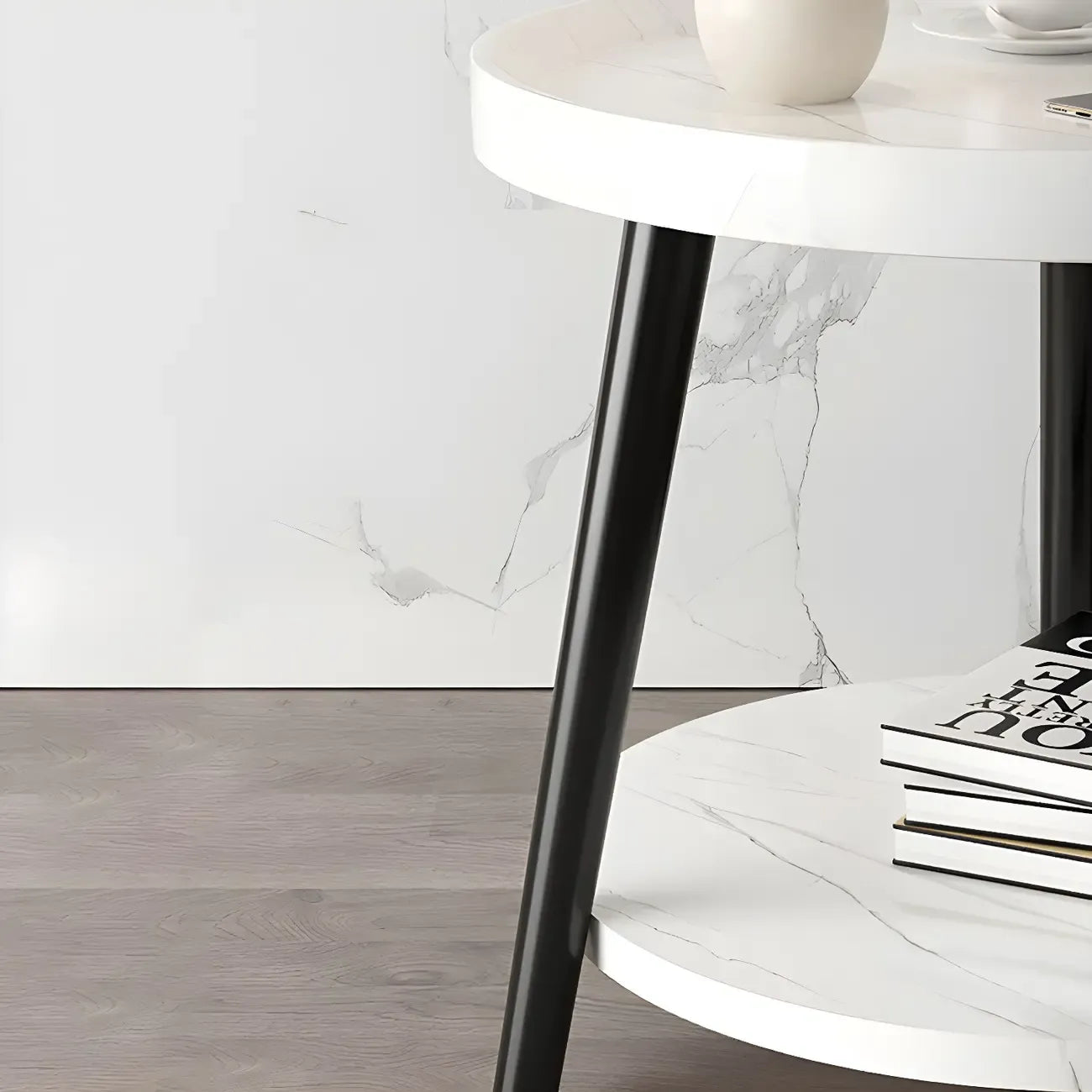 Modern Round Walnut Finish Open Storage Nightstand