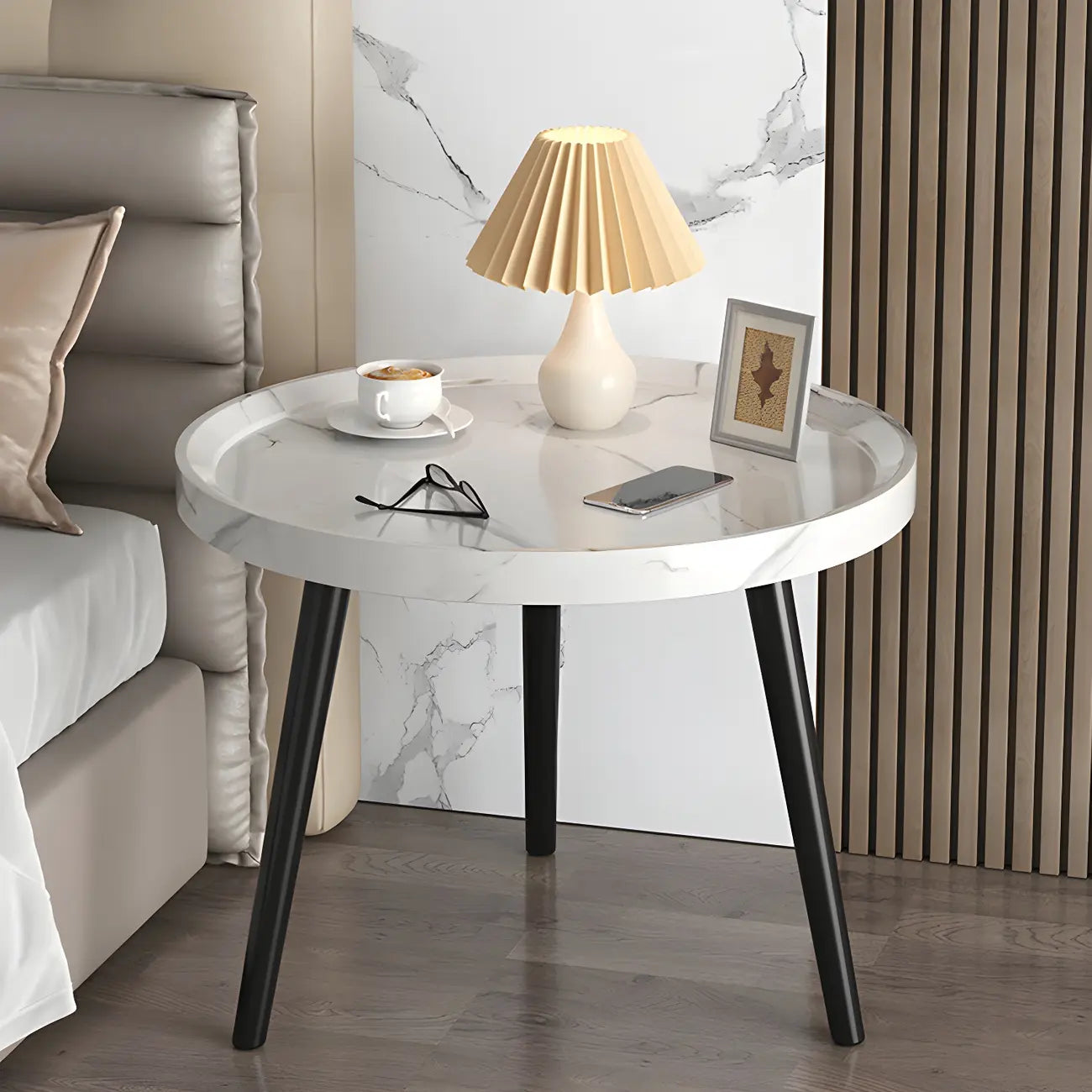 Modern Round Walnut Finish Open Storage Nightstand