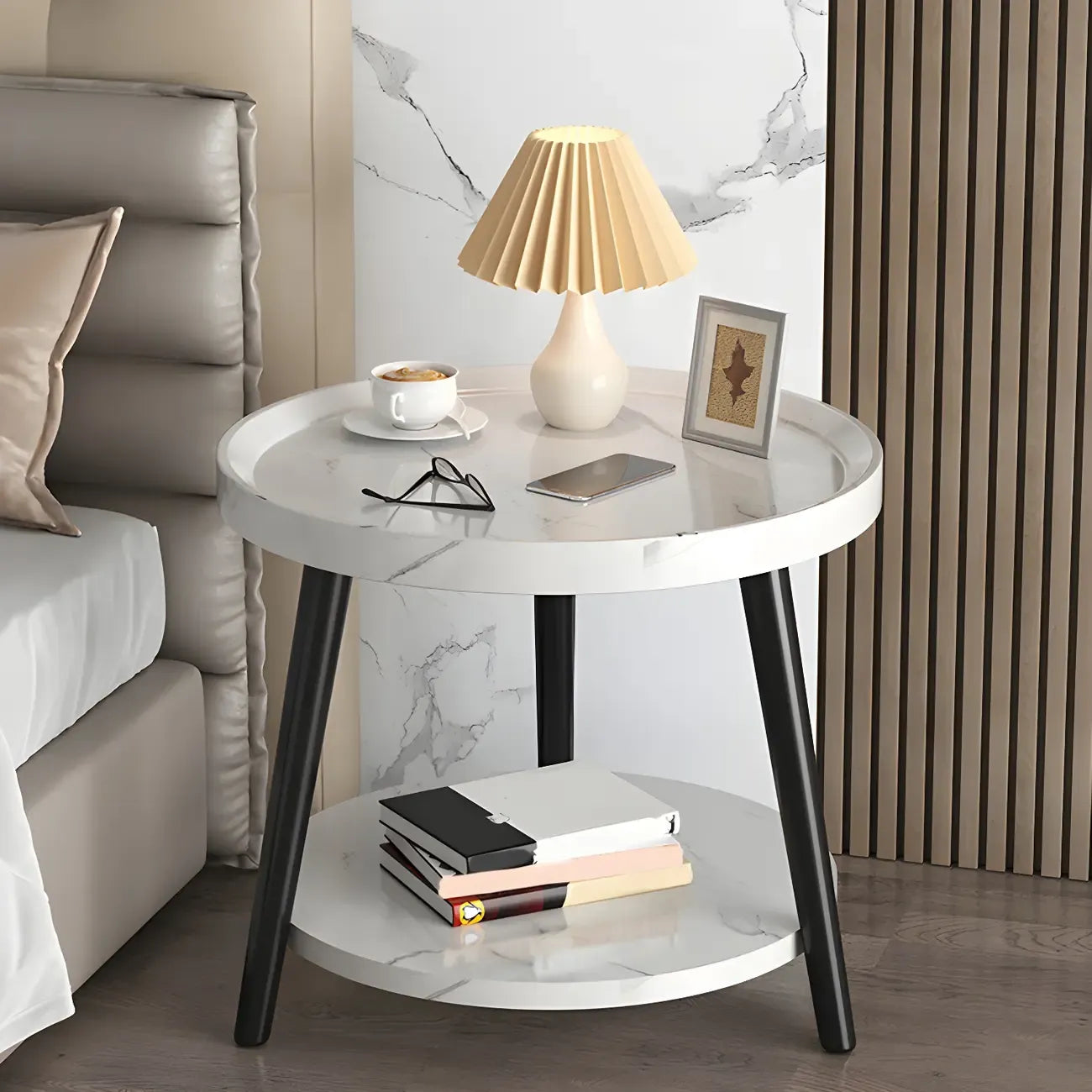 Modern Round Walnut Finish Open Storage Nightstand