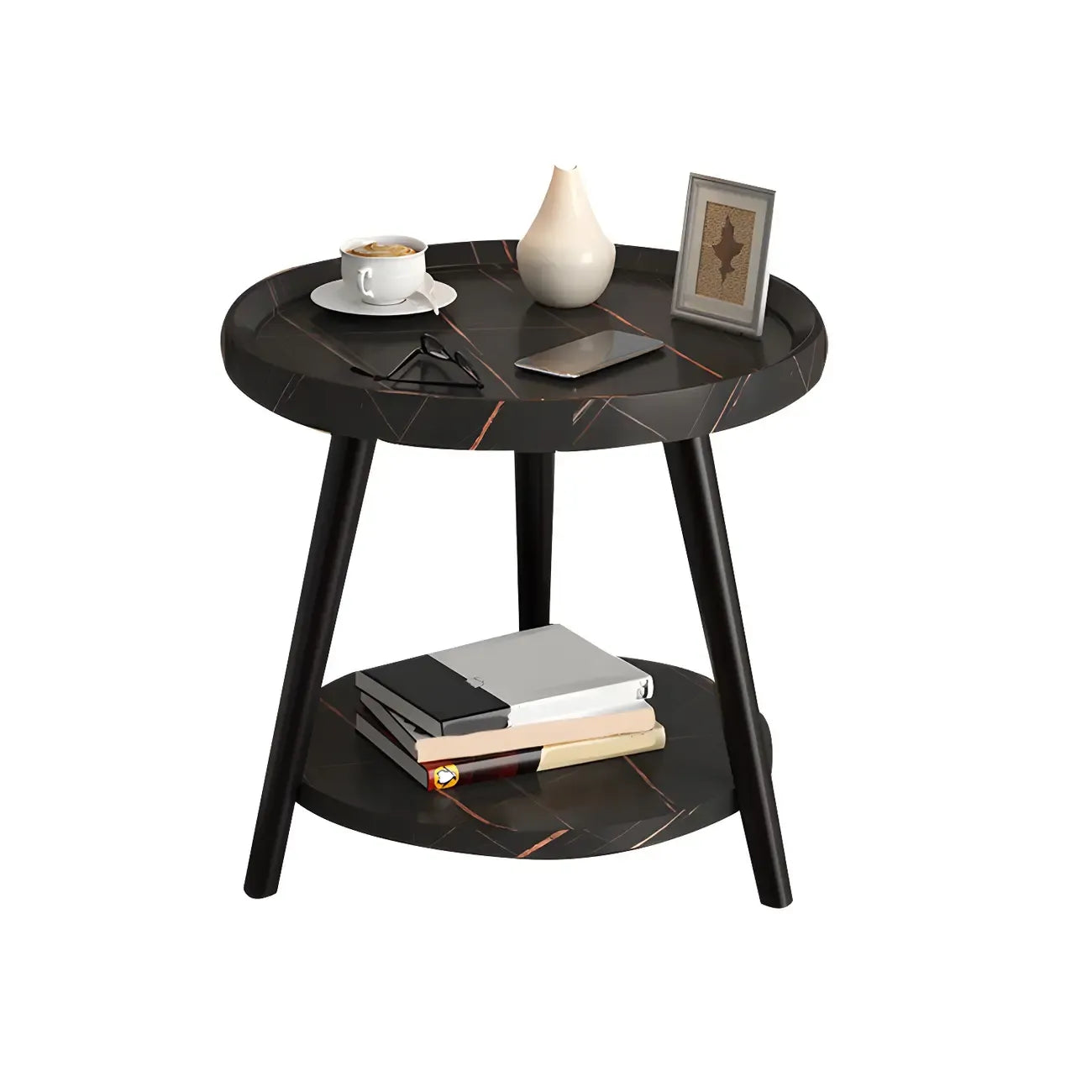 Modern Round Walnut Finish Open Storage Nightstand