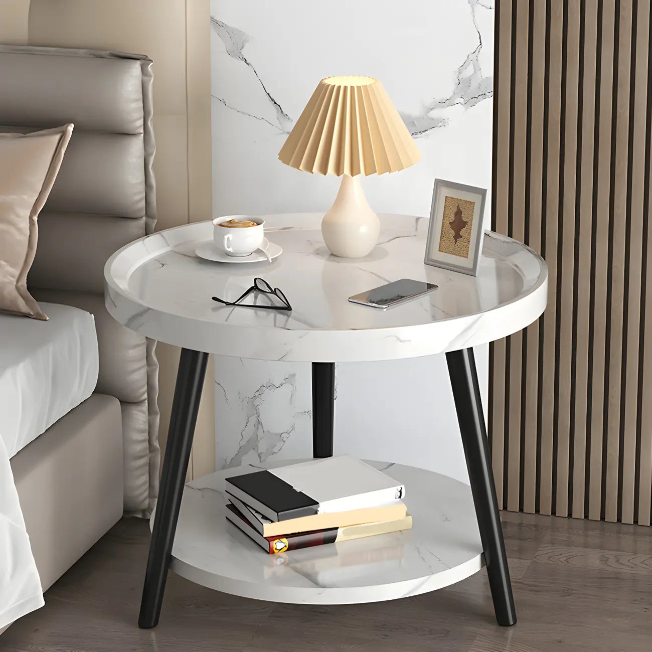 Modern Round Walnut Finish Open Storage Nightstand