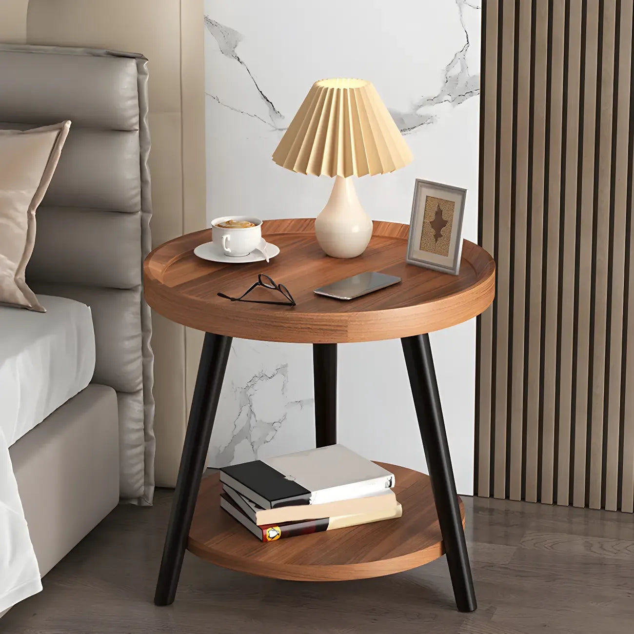 Modern Round Walnut Finish Open Storage Nightstand