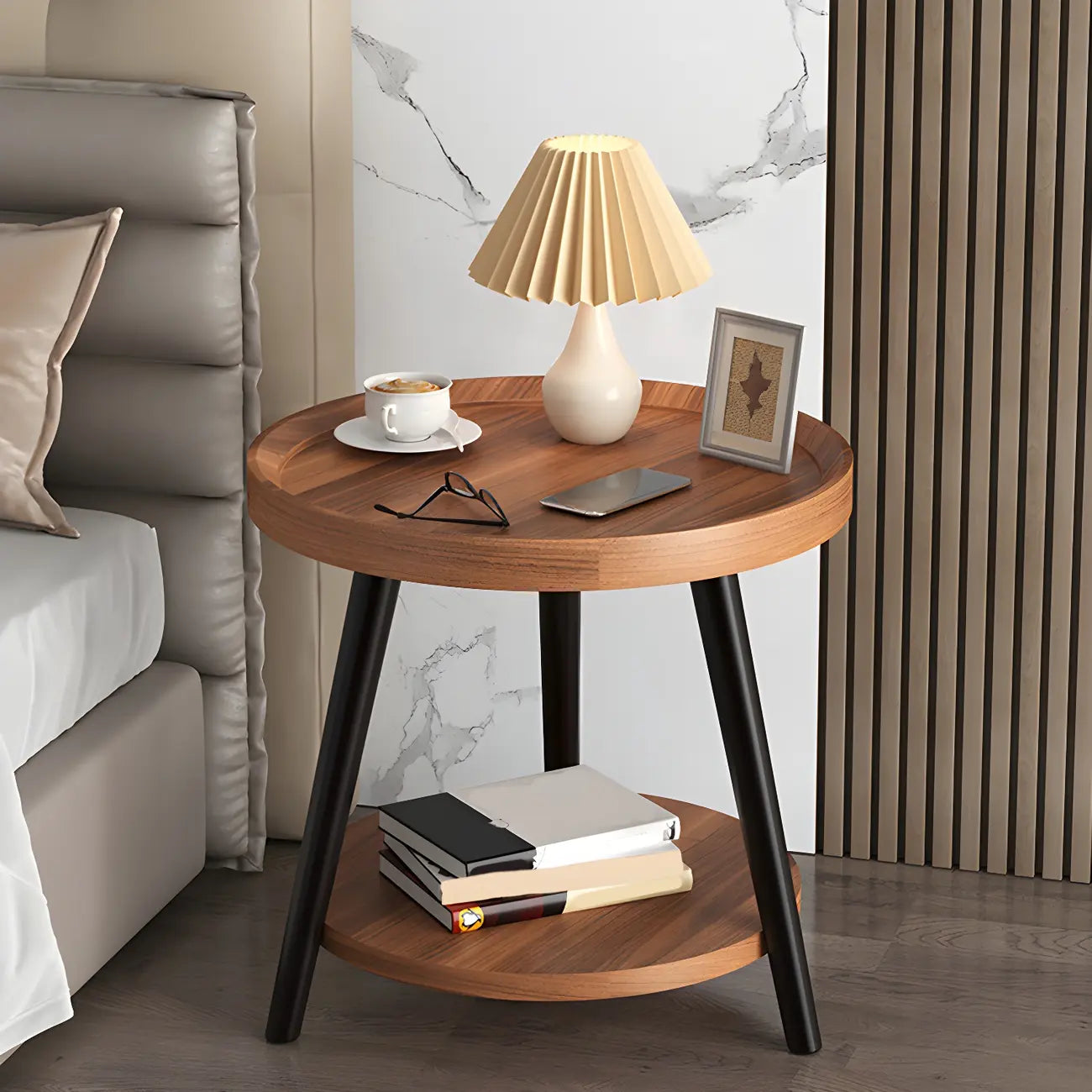 Modern Round Walnut Finish Open Storage Nightstand