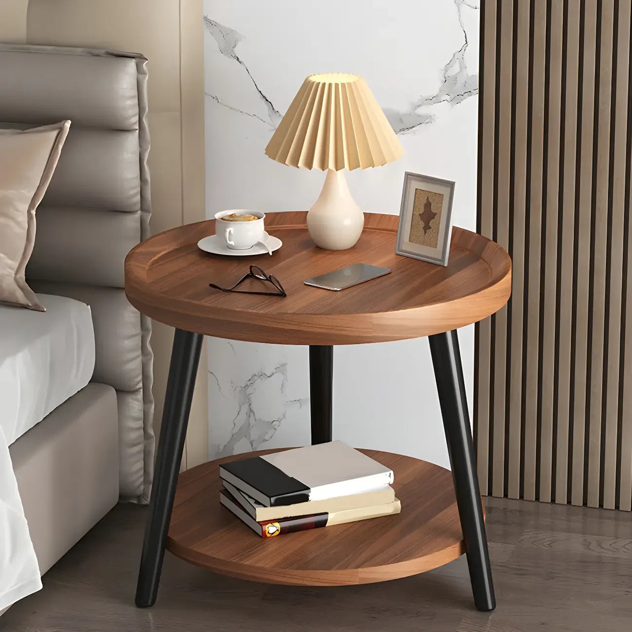 Modern Round Walnut Finish Open Storage Nightstand