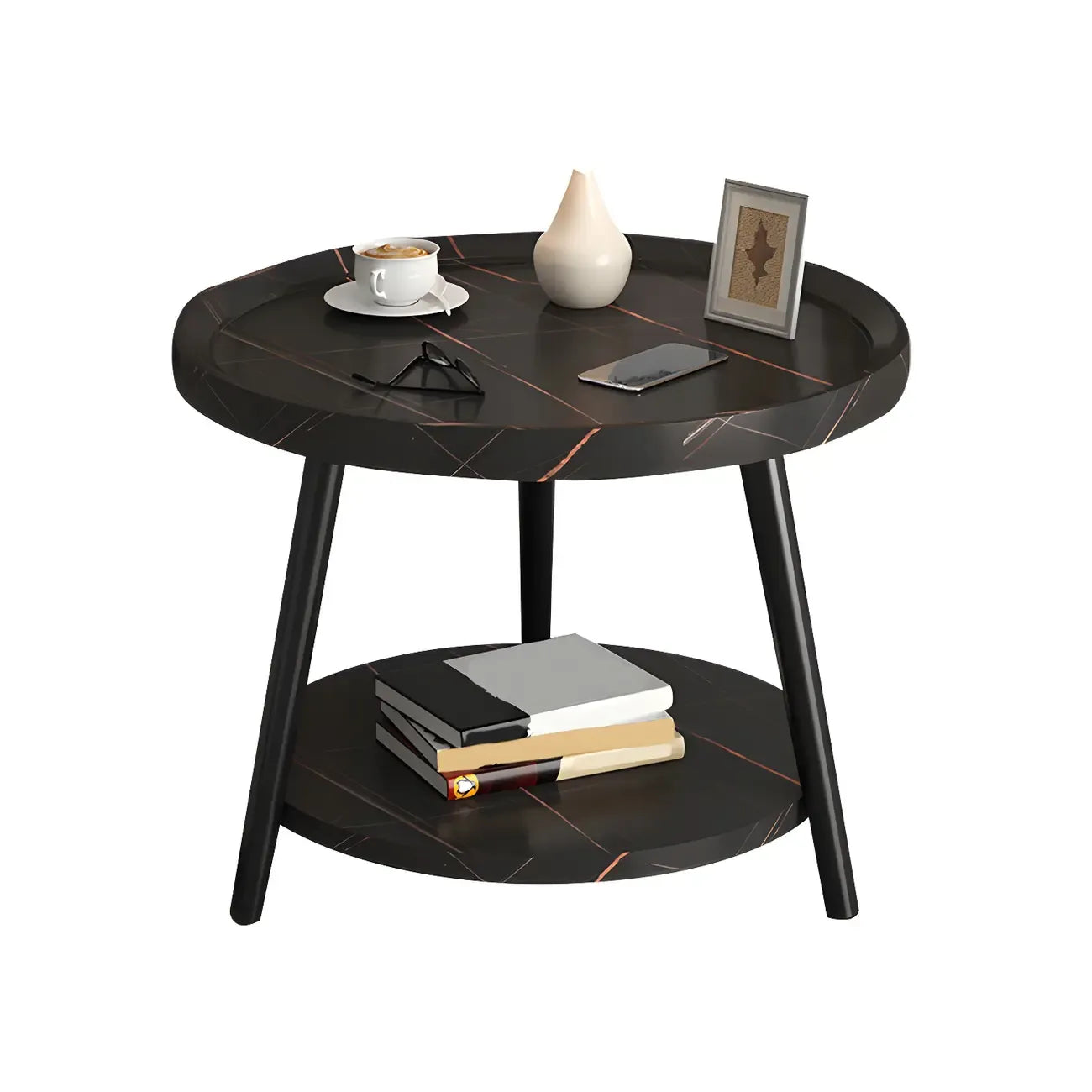 Modern Round Walnut Finish Open Storage Nightstand