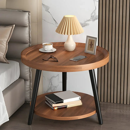 Modern Round Walnut Finish Open Storage Nightstand