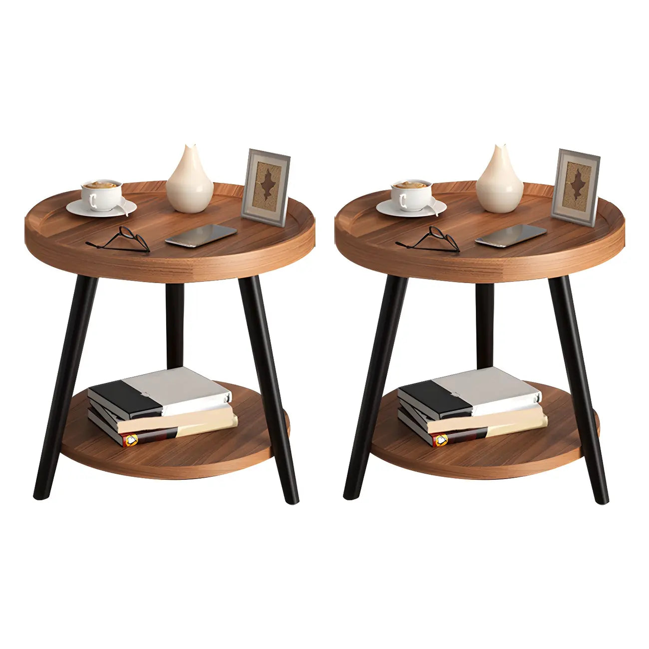 Modern Round Walnut Finish Open Storage Nightstand