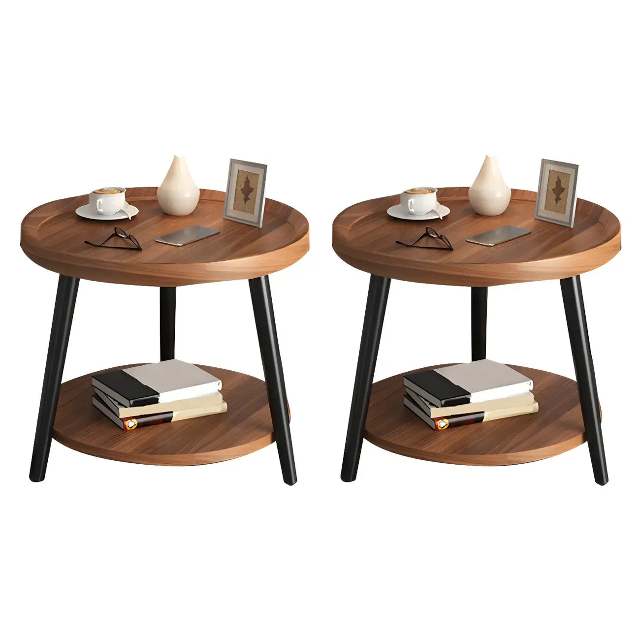 Modern Round Walnut Finish Open Storage Nightstand