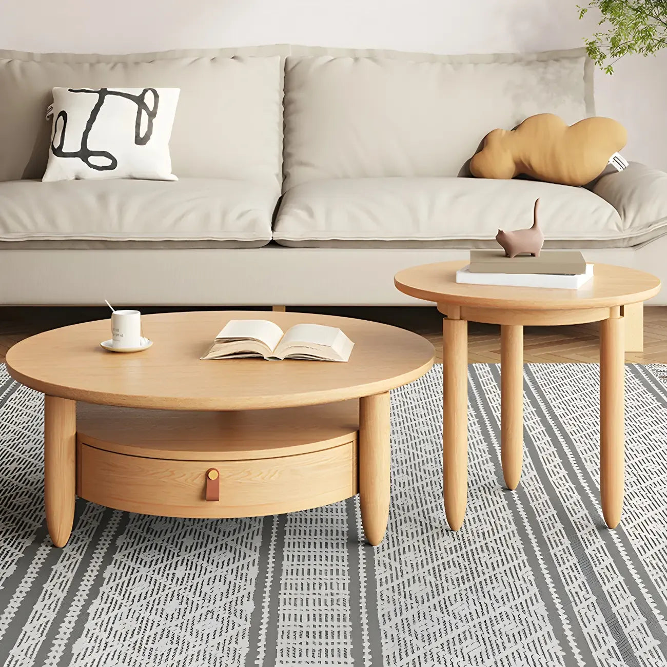 Brown Round Modern Wood Glass Drawer Coffee Table
