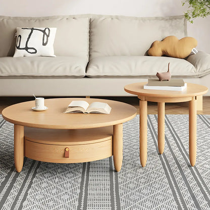 Brown Round Modern Wood Glass Drawer Coffee Table