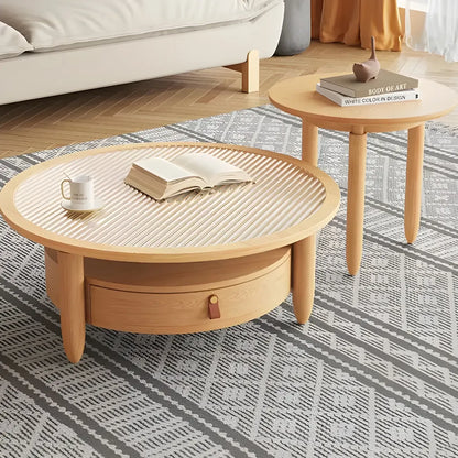 Brown Round Modern Wood Glass Drawer Coffee Table