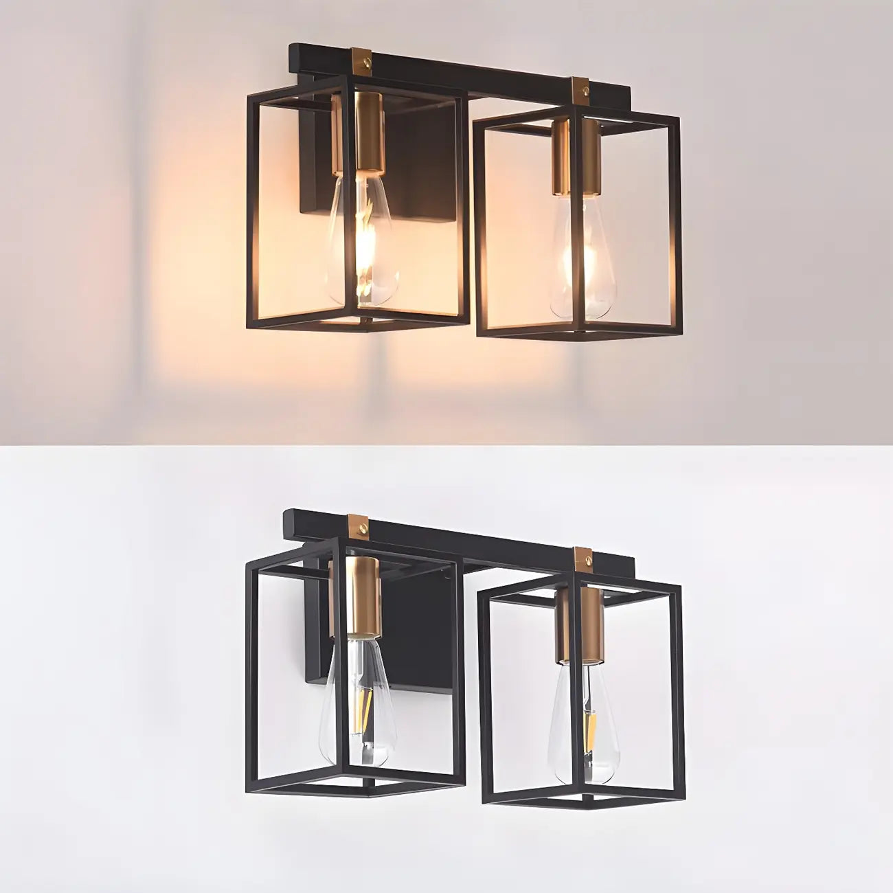 3-Light Linear Cube Black Iron Caged Vanity Light