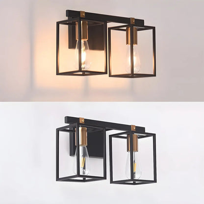 3-Light Linear Cube Black Iron Caged Vanity Light