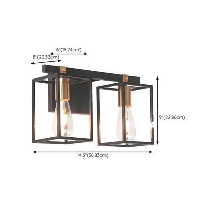 3-Light Linear Cube Black Iron Caged Vanity Light