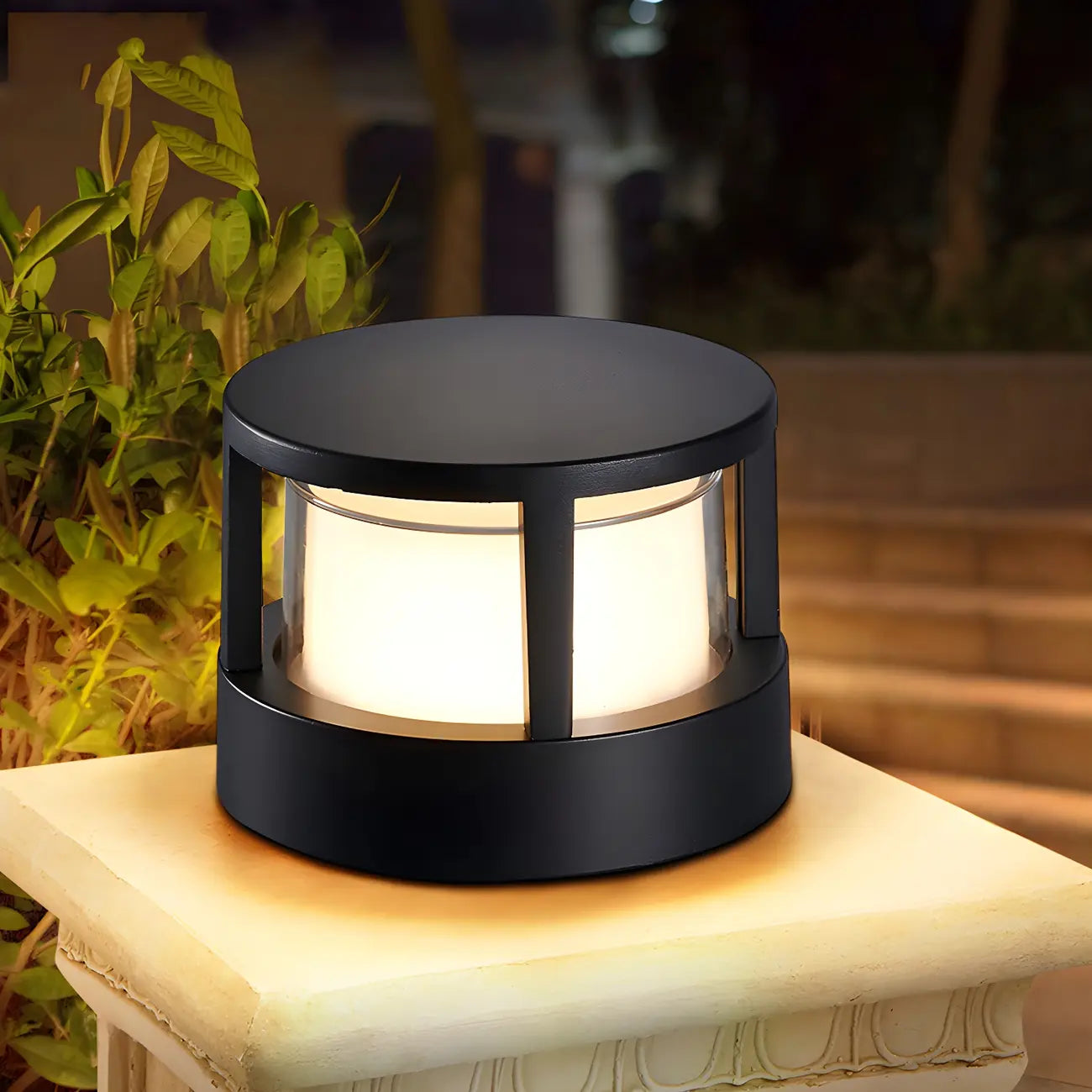 Black Metal Cylinder Wired Post Cap Light