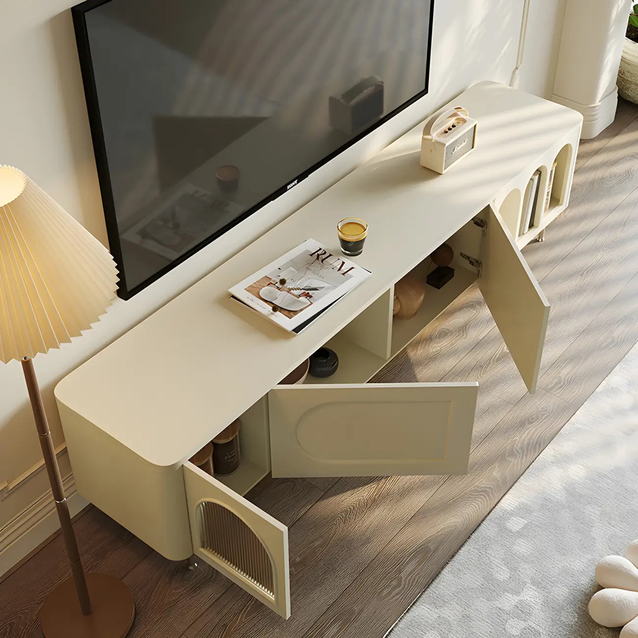 94.5 White Wood Arched Display Niches TV Stand with Cabinets