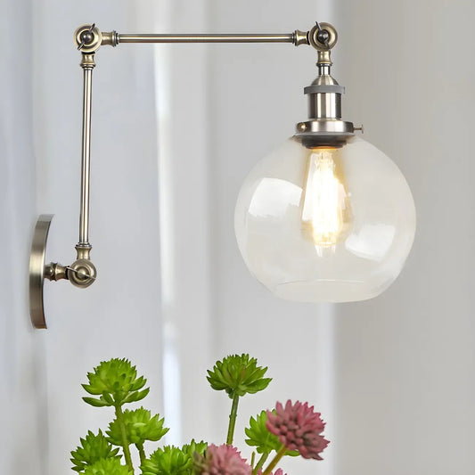 Vintage Brass Clear Glass Globe Swing Arm Wall Light