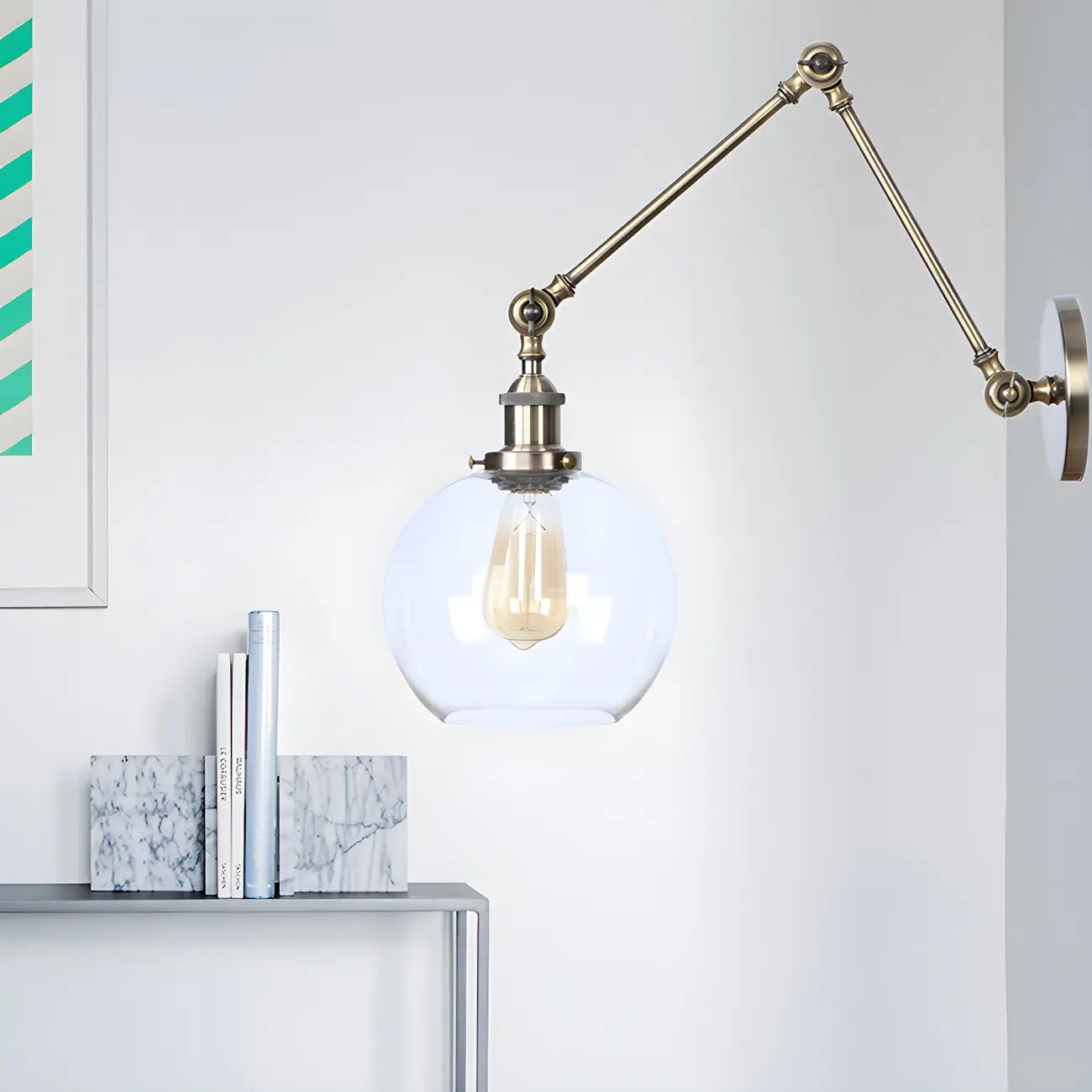Vintage Brass Clear Glass Globe Swing Arm Wall Light