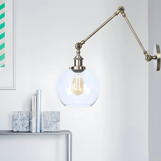 Vintage Brass Clear Glass Globe Swing Arm Wall Light