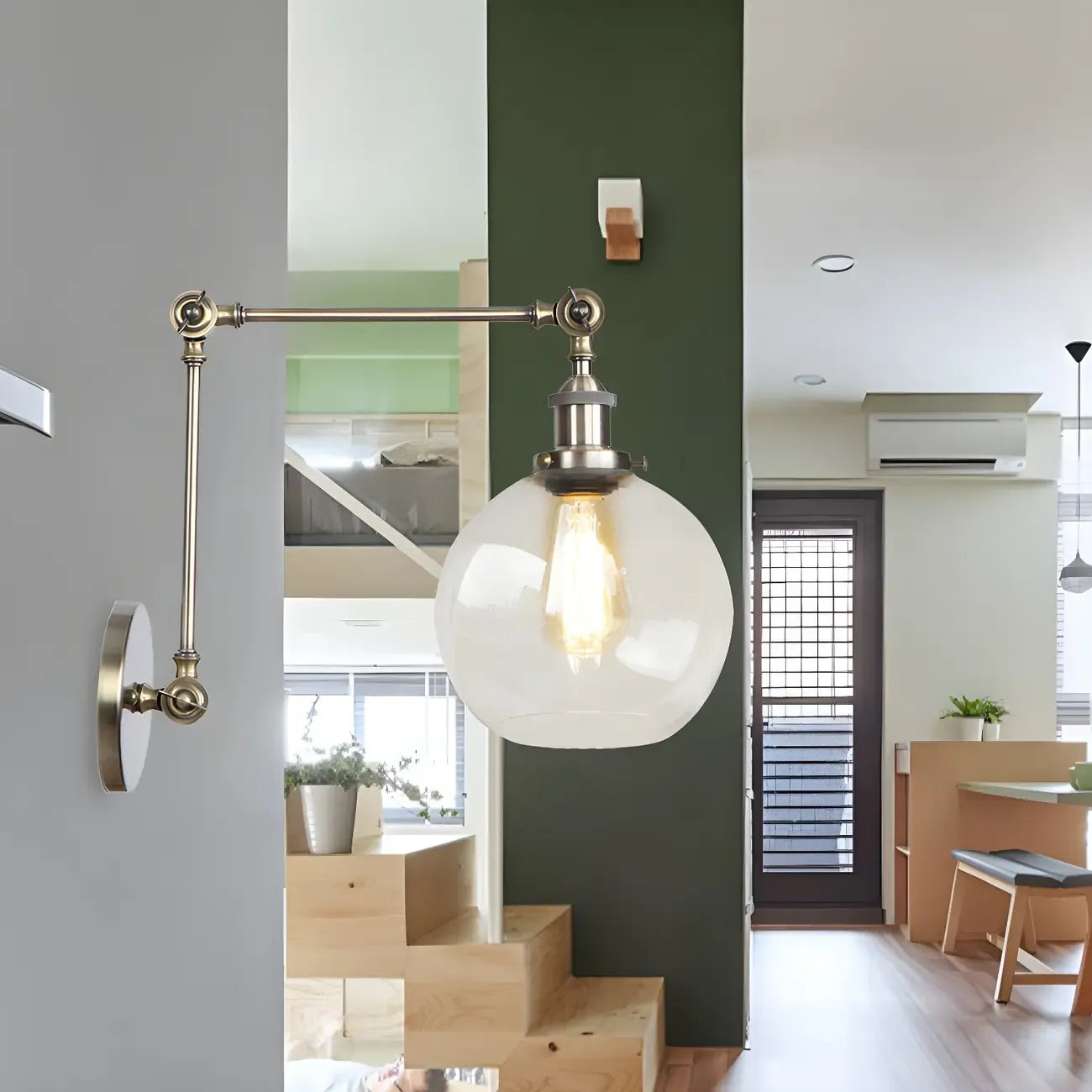 Vintage Brass Clear Glass Globe Swing Arm Wall Light