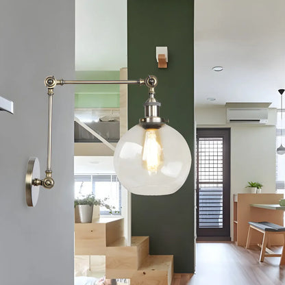 Vintage Brass Clear Glass Globe Swing Arm Wall Light